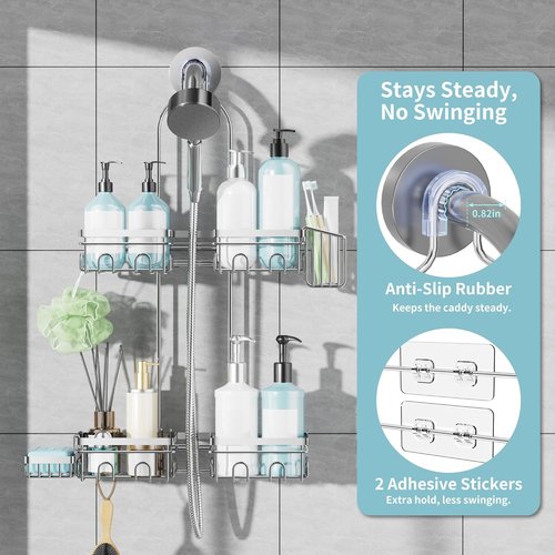 KEGII Shower Caddy - Rustproof Hanging Organizer with Soap Dish & Hooks | Fits Handheld Showerheads, Silver