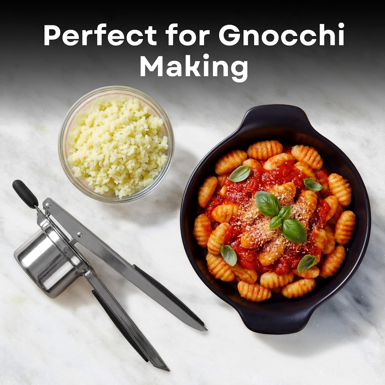 Professional 430 Stainless Steel Potato Ricer - Large 15oz Masher for Fluffy Potatoes, Gnocchi & Baby Food - Ergonomic Non-Slip Handles