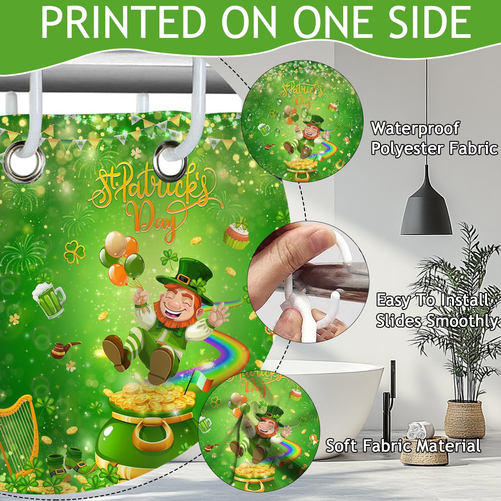Mocsicka Happy St Patricks Day Shower Curtain for Bathroom, Green Clover Gnomes Bath Curtain Irish Lucky Leaf Spring Shower Curtain with 12 Hooks, 72 X 72 Inch Waterproof (Green, 72''x 72'')