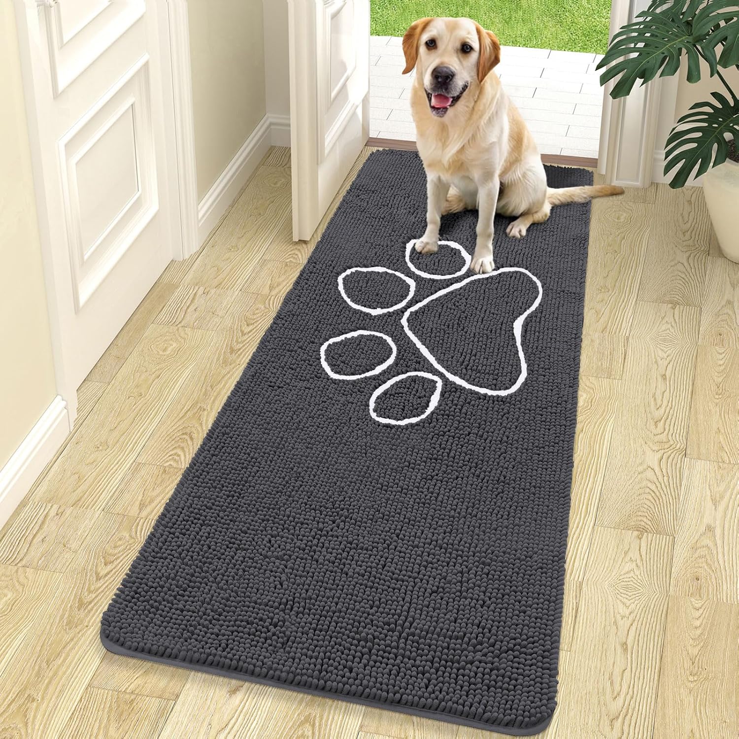 OLANLY Dog Door Mat - Absorbent Non-Slip Mud Mat for Paws | Quick Dry Chenille, 70x24, Dark Grey