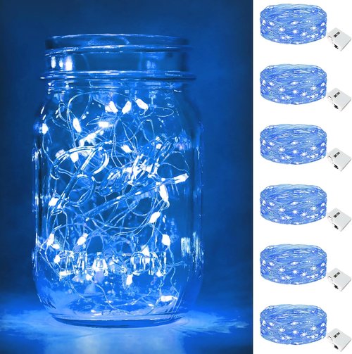 Btfarm Fairy Lights - 6 Pack Battery Operated 20 LED Twinkle Lights | Waterproof Mini Silver Wire for Mason Jars & Wedding Decor, Blue