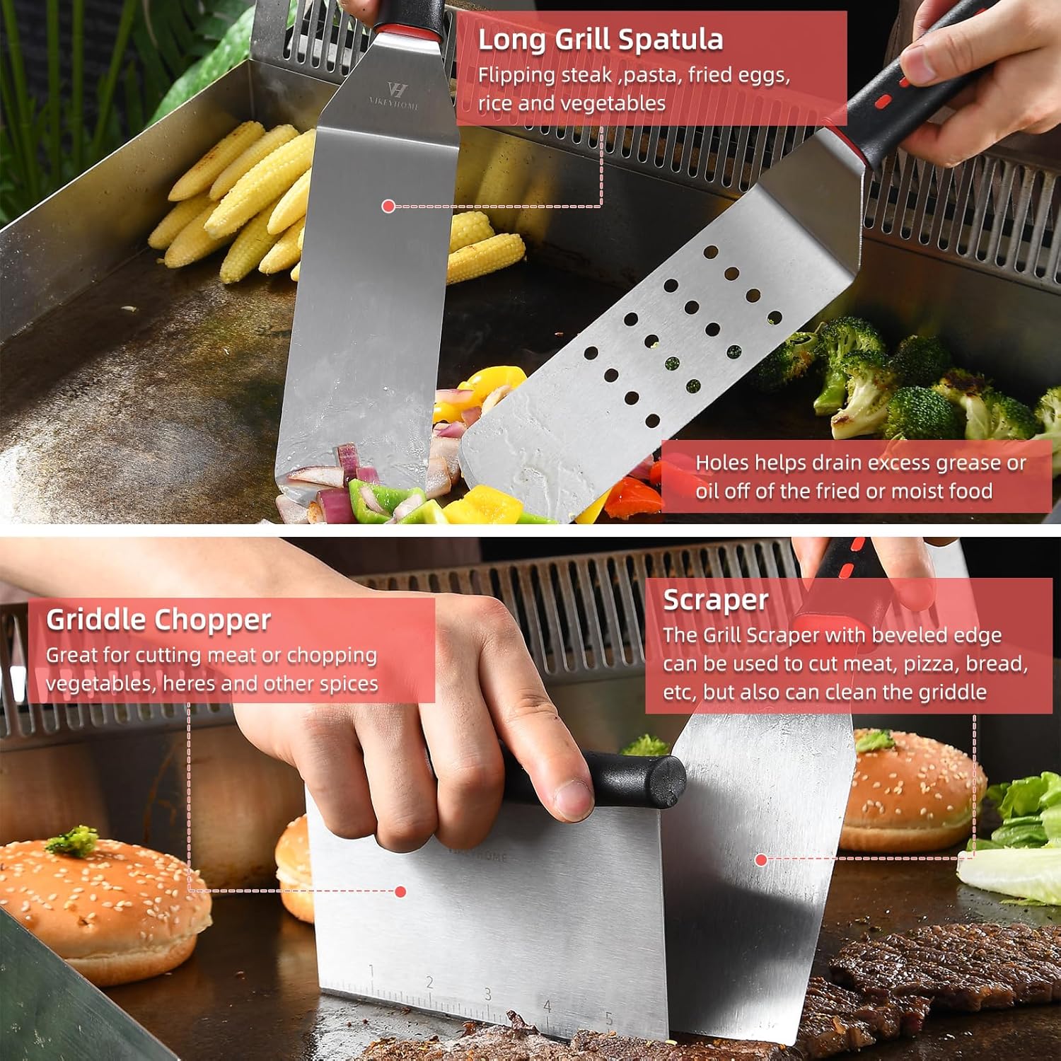 VIKEYHOME Griddle Accessories Kit - 28 Pcs Flat Top Grill Set with Spatula, Tongs & Egg Ring