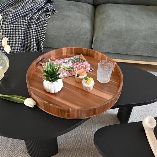 20 Inch Extra Large Round Serving Tray HeavyDuty Acacia Wood Tray for Oversized Ottoman Coffee Table and Counter Giant Decorative Organizational Tray Extensive Kitchen Serveware
