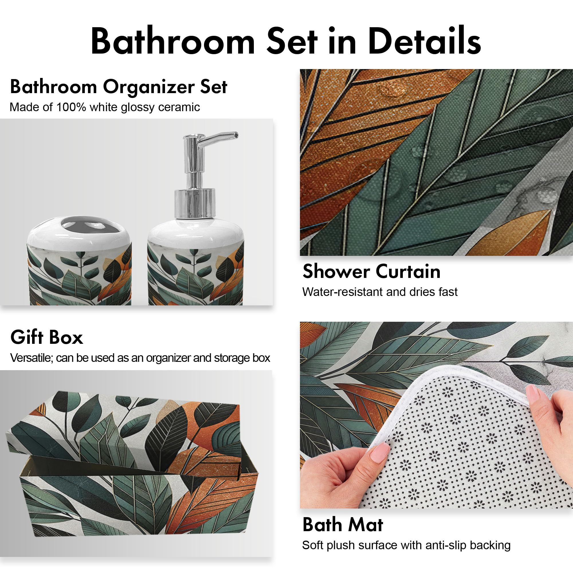 Ambesonne Boho Bathroom Decor Set 4 Pcs, Shower Curtain Bath Mat Soap Dispenser Toothbrush Holder in a Gift Box Essentials and Accessories, Mid Century Exotic Leaf, Orange Laurel Green Grey
