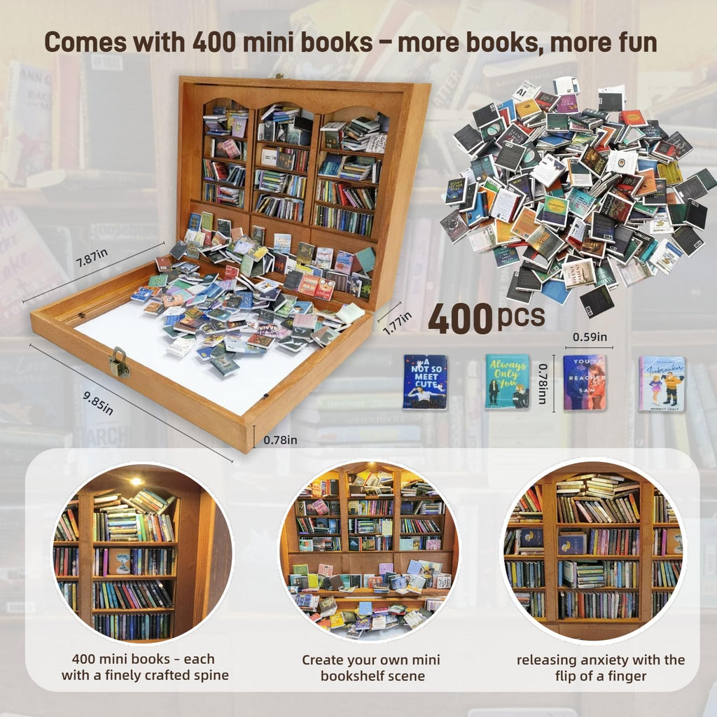 Anxiety Bookshelf with 6 Decorative Mini Lights and 400 Mini Book Pieces, Miniature Bookshelf, Book Organizer for Office Desk, Library Decor for Tiny Home and Bookish Spaces, 10.2 x 9.1 x 3.1 in