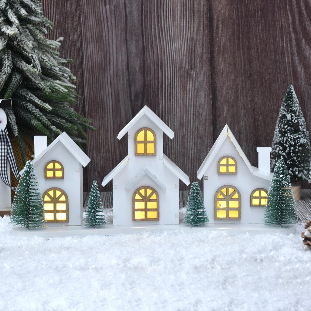 White Christmas Village House Decoration - LED Lights & Wooden Centerpiece | Mini Winter Town Xmas Decor