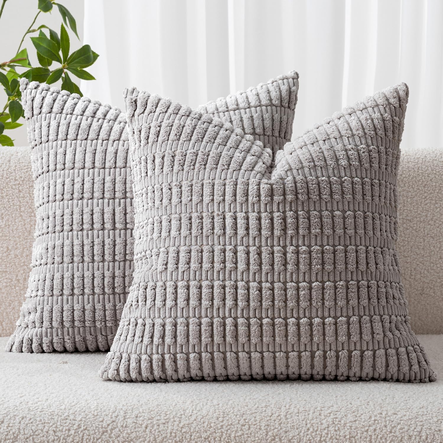 MIULEE Corduroy Throw Pillow Covers - Soft Boho Striped Design, 16x16 Inch, Light Grey | Modern Farmhouse Decor