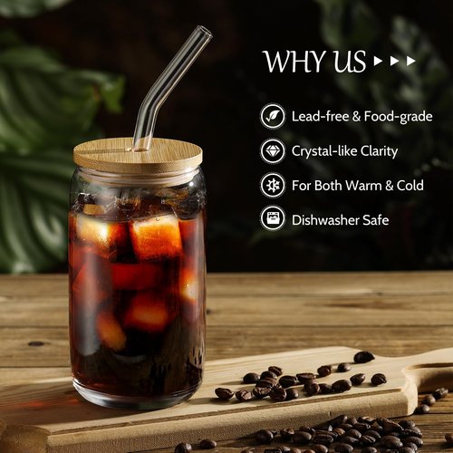 VITEVER [ 20pcs Set ] Glass Cups with Bamboo Lids and Glass Straw - Beer Shaped 16 oz Iced Coffee Drinking Glasses, Cute Tumbler Cup for Smoothie, Boba Tea, Whiskey, Water