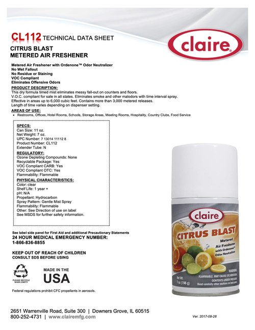 Claire C-112 Citrus Splash Metered Air Freshener Aerosol Can, 7 Ounce (Pack of 12)