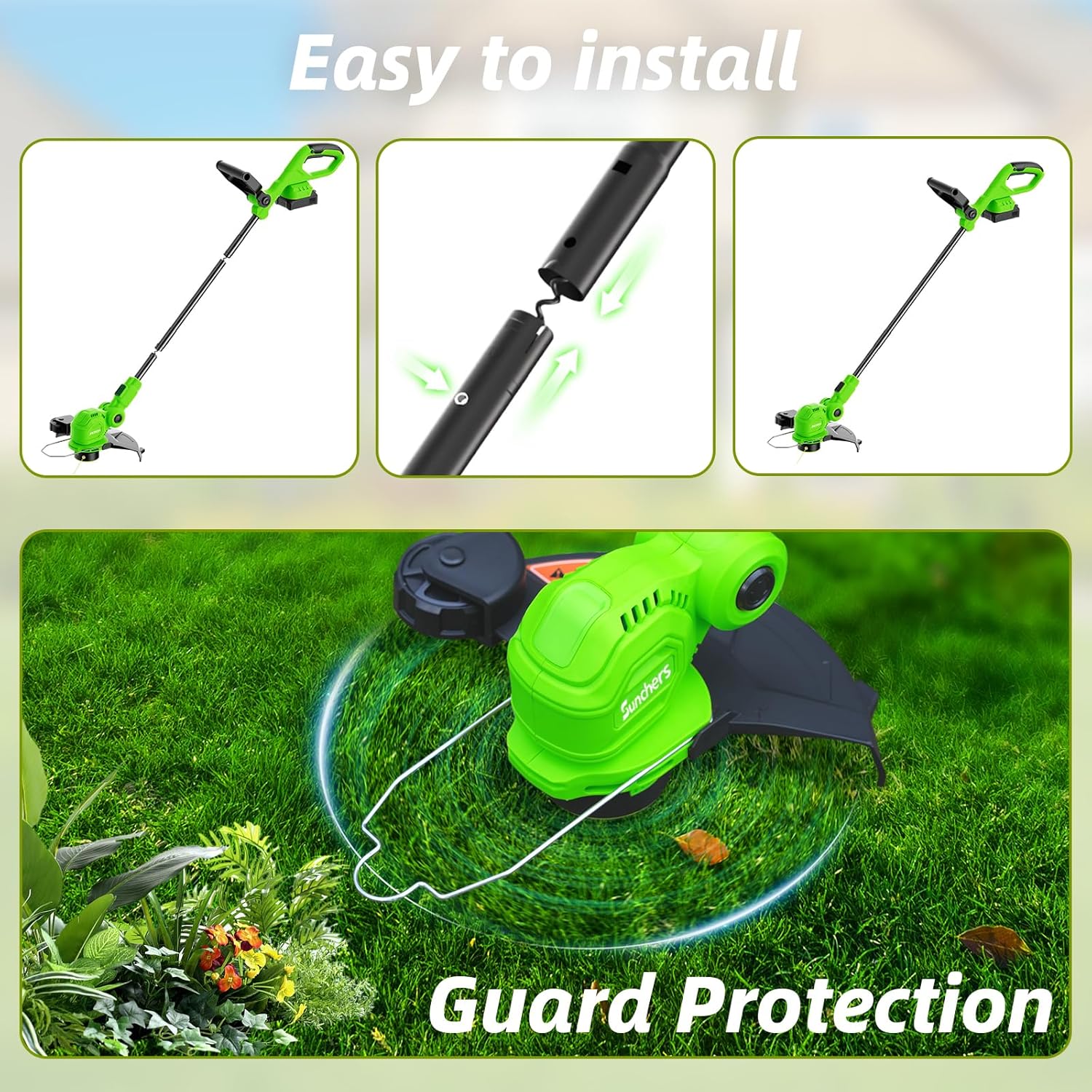 SUNCHERS 12-Inch 20V Cordless String Trimmer - 2-in-1 Lawn Edger with Auto Line Feed & Batteries | Green