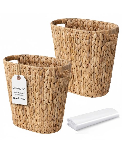 2 Pack Handwoven Water Hyacinth Trash Can - Natural Wicker Waste Basket with Wooden Handles, Slim Oval Design for Bathroom, Bedroom, Office (13"x7.5"x12") | Eco-Friendly & Space-Saving Storage Bin (2)