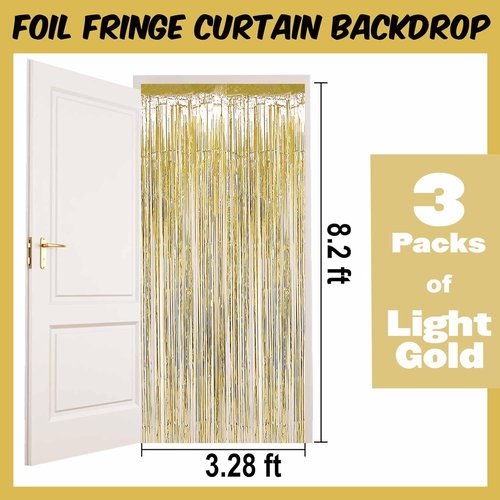 Light Gold Foil Fringe Curtains by [Brand Name] - 3 Pack Metallic Tinsel Backdrop | 3.28 x 8.2 Ft for Parties