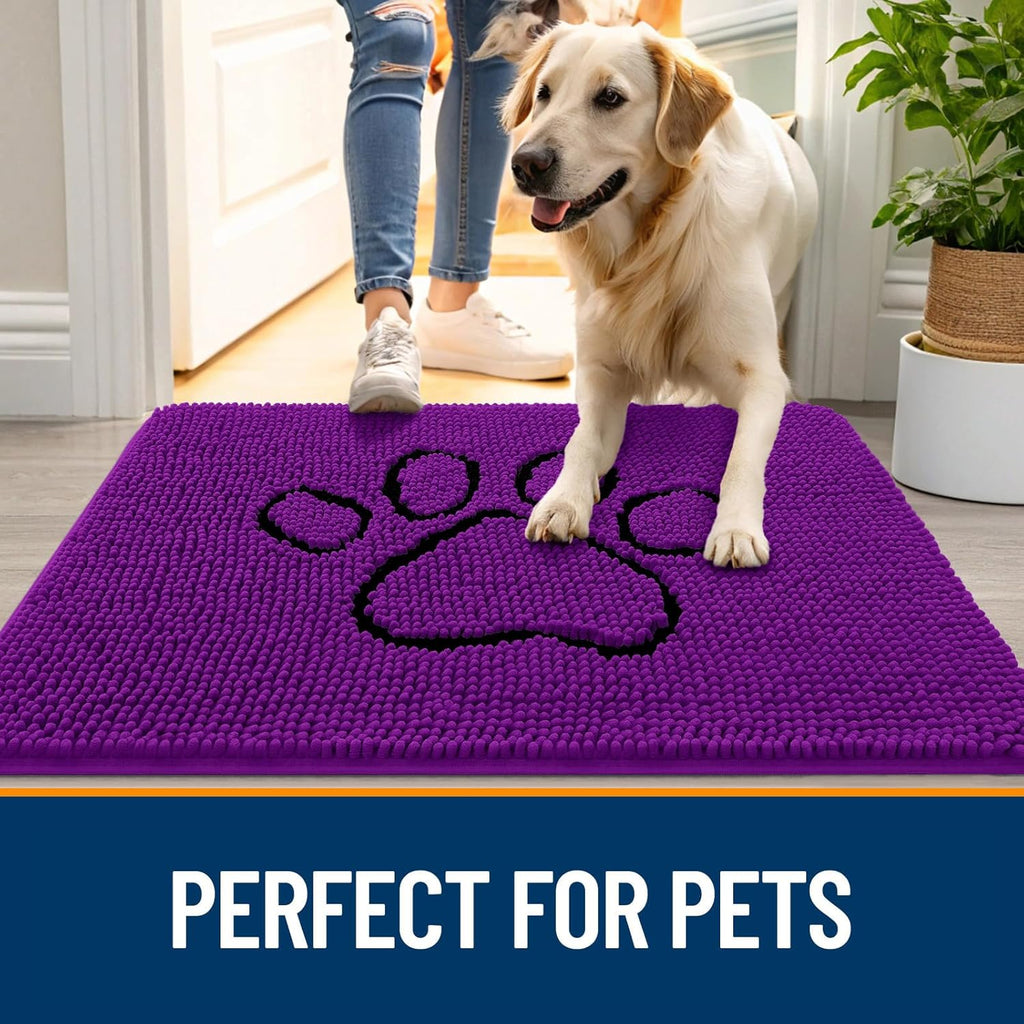 OLANLY Dog Door Mat - Absorbent Non-Slip Muddy Paws Doormat | 30x20 Purple Chenille Carpet