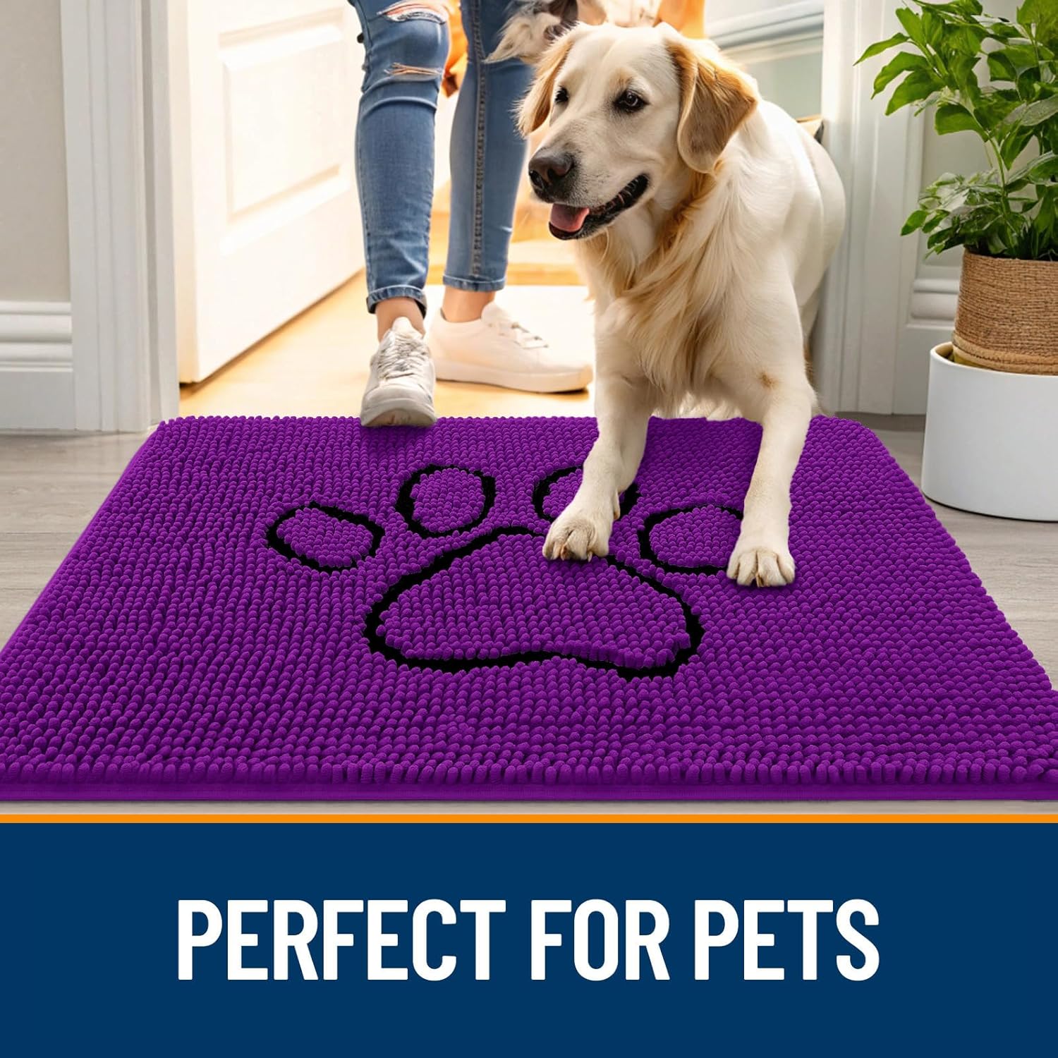 OLANLY Dog Door Mat - Absorbent Non-Slip Muddy Paws Doormat | 30x20 Purple Chenille Carpet