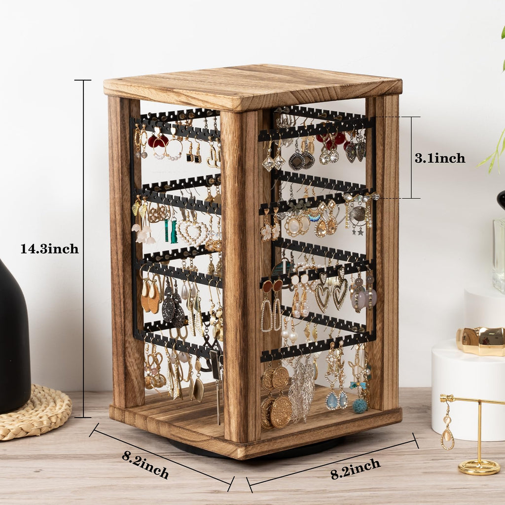 Emfogo 360 Earring Holder Organizer, Rustic Wood Earring Stand, Rotating Wooden Display, 4 Tiers Earring Organizer Stand for Stud Earrings, Hoop Earrings & Necklaces, Women Gifts