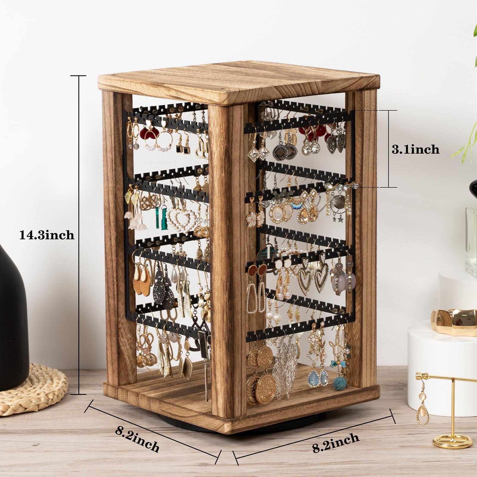 Emfogo 360 Earring Holder Organizer, Rustic Wood Earring Stand, Rotating Wooden Display, 4 Tiers Earring Organizer Stand for Stud Earrings, Hoop Earrings & Necklaces, Women Gifts