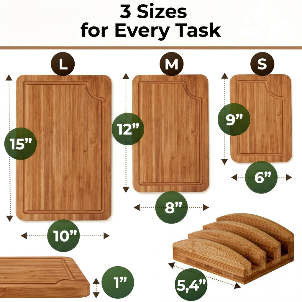Wood Cutting Board Set of 3 with Holder - Sturdy & Easy to Clean Bamboo Wooden Cutting Boards for Kitchen - 3 Sizes of Chopping Board with Juice Grooves for Meal Prep, Everyday Use, Housewarming Gift