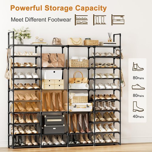 WOWLIVE 4 Row 10 Tiers Extra Large Shoe Rack Big Tall Metal Shoe Shelf, Heavy Duty Organizer for Closet Entryway, Boot Rack Storage Stackable Stand for Garage Black