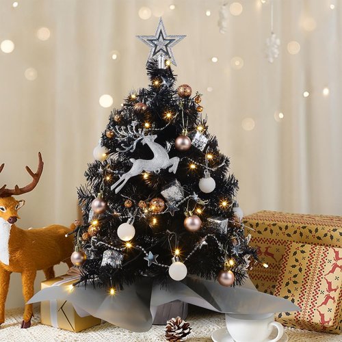 Juegoal 24-Inch Black Mini Christmas Tree - Lighted Tabletop Artificial Pine with 50 LED Lights