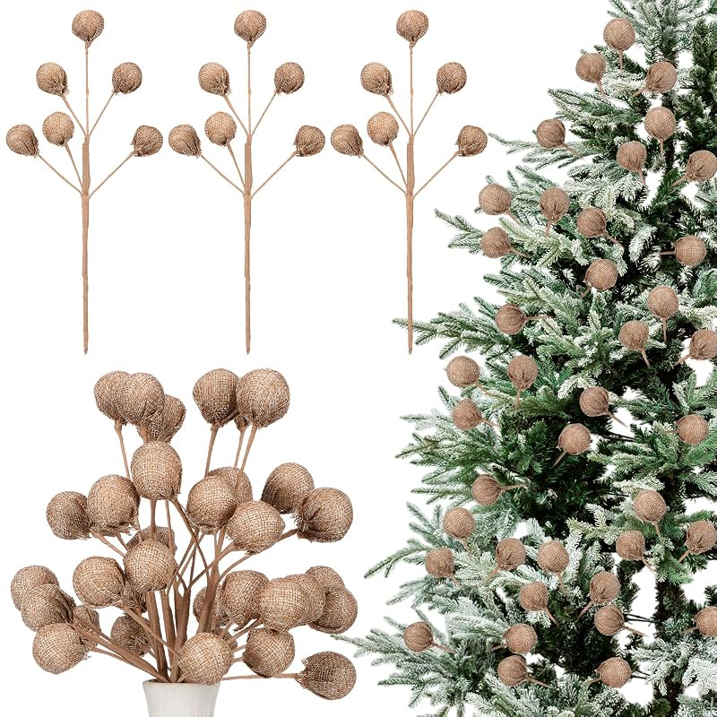 Burlap Christmas Tree Picks – 6 Rustic Farmhouse Ornaments 11.8in