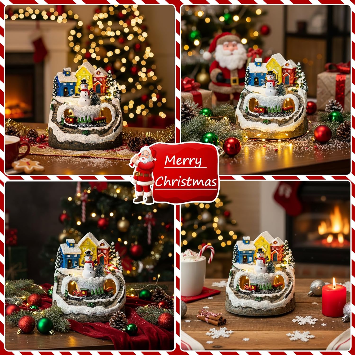 MXwcy Christmas Village House - Moving Train & Music, Lighted Snowman Figurine with 8 Holiday Songs, LED Lights