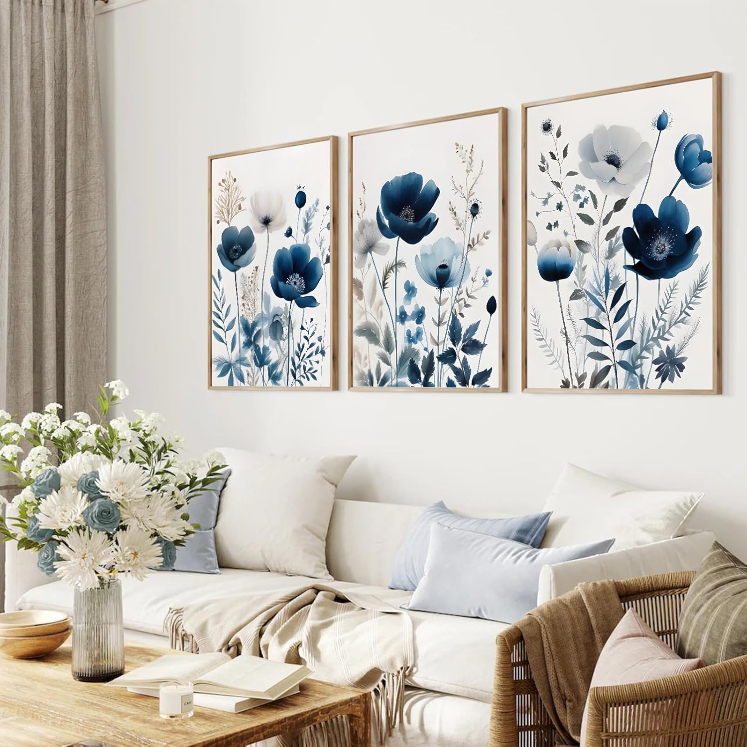 Skiennix 3-Piece Flower Canvas Wall Art - Navy Blue Wildflower Watercolor Prints | Unframed 12x16in Decor