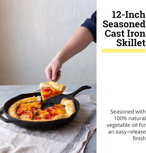 Lodge 12" Cast Iron Skillet - Chef Collection - Ergonomic Handles for Perfect Searing - Durable Cookware