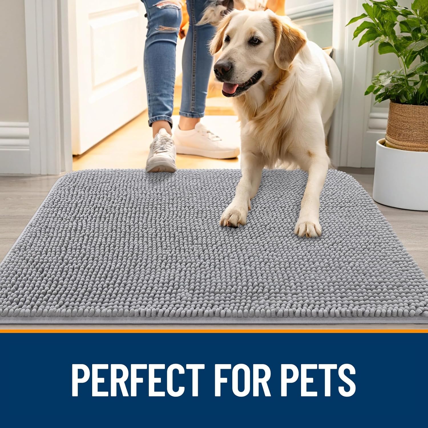 OLANLY Dog Door Mat - Absorbent Non-Slip Mud Mat for Indoor Use | Quick Dry Chenille, 35x24, Light Grey