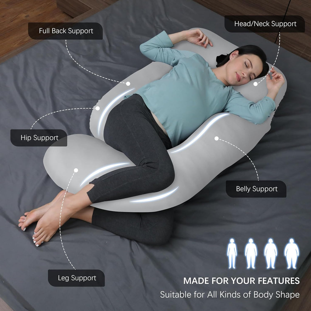 MOON PARK Pregnancy Pillow - U-Shaped Full Body Maternity Support for Back, Belly & Hips - 57 Inch - Light Grey