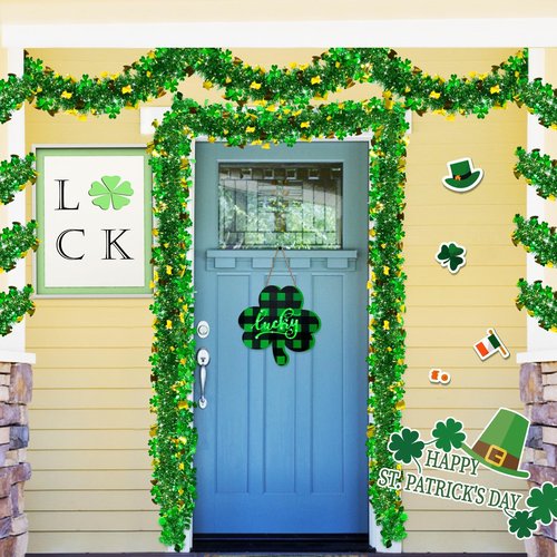 3 Pack Total 49.2 Ft St.Patrick's Day Tinsel Garlands Decorations DIY Shamrocks Wreath for Front Door Irish Leprechaun Hat St.Patrick's Day Decorations Outdoor Indoor Home,16.4Ft by 4.3",Green Gold