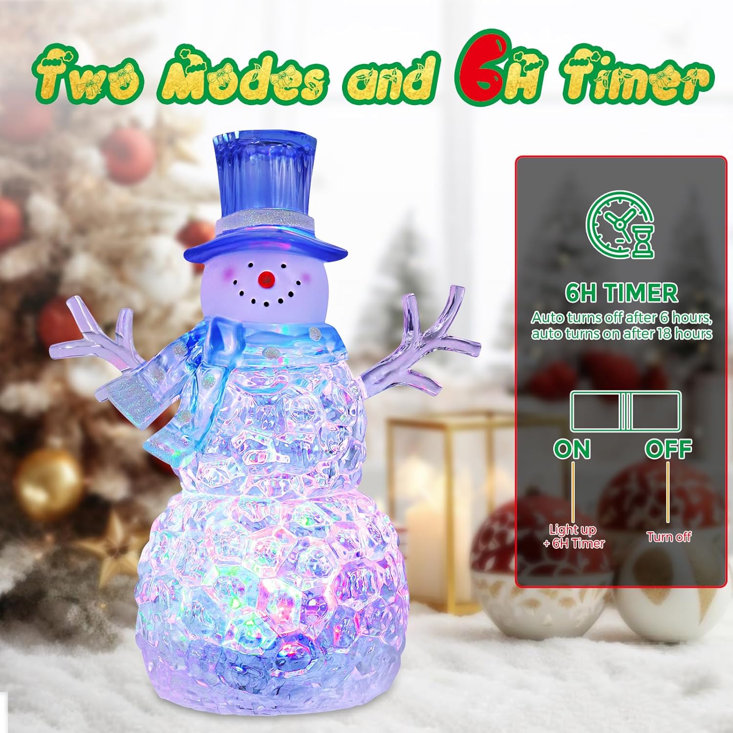 Snowman Christmas Decoration - LED Lighted Figurine with 6-Hour Timer | Battery Operated Acrylic Snowman (Blue Hat)