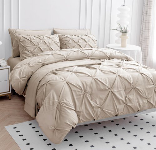 Queen Size Comforter Set - 7 Piece HotelQuality, Queen Bed in a Bag Comforter - Premium Soft-Touch Microfiber - Pintuck-Stitch Bedding Collection - All-Season Bed Set with Easy Care Comforters - Beige