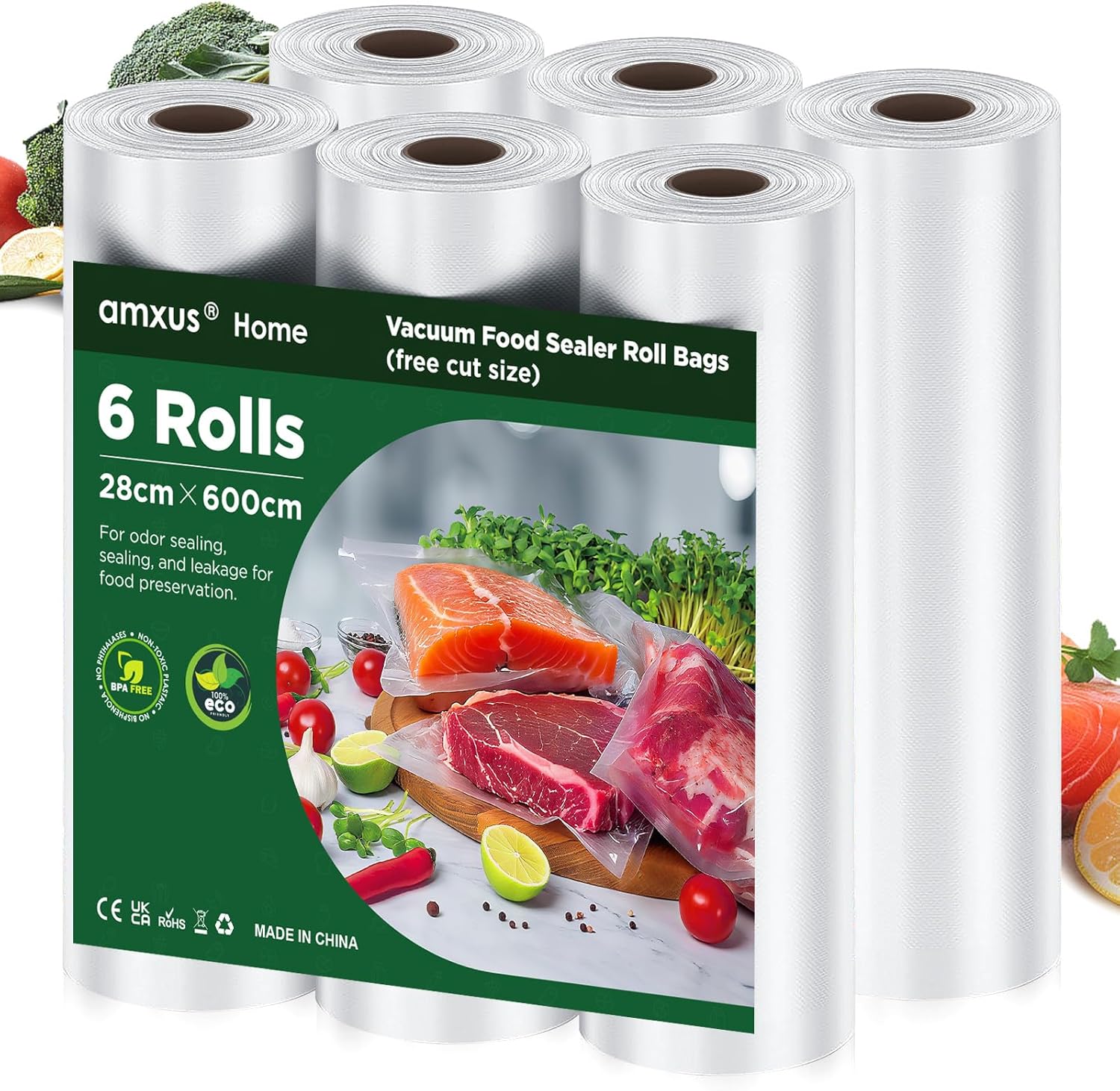 Skiennix Vacuum Sealer Bags - Heavy Duty BPA Free Food Storage | 6 Rolls, 28CM x 6M