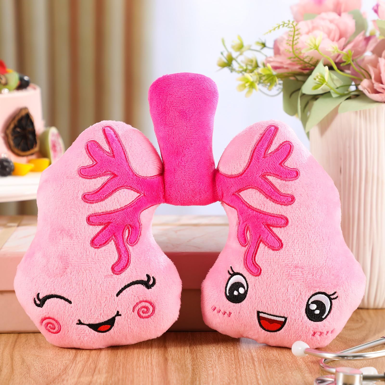 RoundFunny Soft Breathing Stuffed Animal Respiratory Therapist Gifts Pink Plush Lung Toy Organ Pillow Cute Anatomical Science Medical Gift Plush Lung Cancer Awareness Products, 10 x 9 x 2 Inch