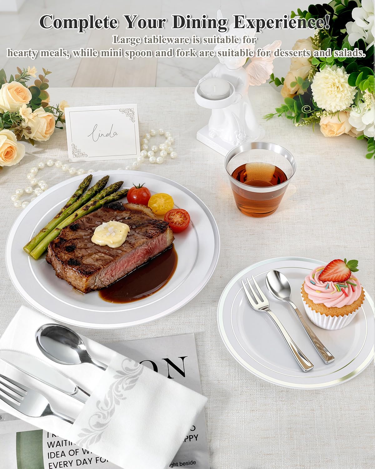 Goodluck 400PCS Elegant Silver Disposable Plastic Dinnerware Set for 40 Guests, Include: 80 Plates, 40 Place Cards, 40 Cups, 80 Spoons, 80 Forks, 40 Knives, 40 Napkins for Weddings/Parties/Graduation