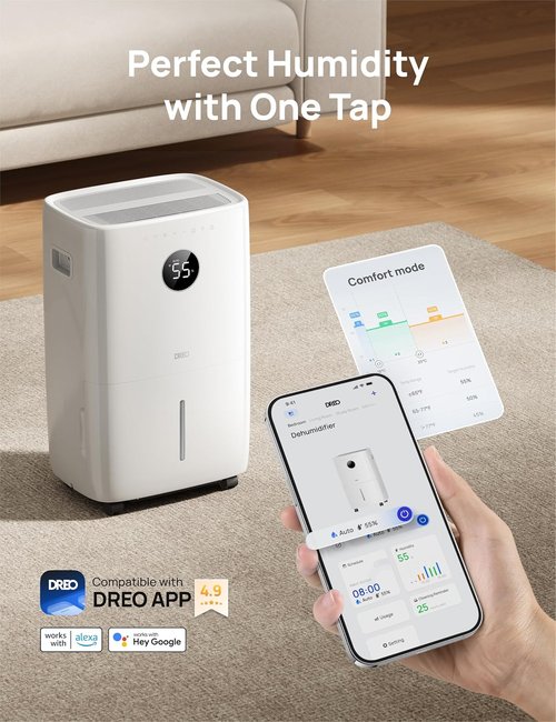 DREO 110-Pint Smart Dehumidifier - Ideal for Large Rooms Up to 4500 Ft² | 2 Gallon Tank, Auto & Constant Modes, White