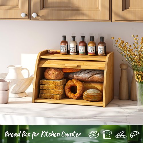 Vriccc Bread Box for Kitchen Countertop, Large Bamboo Wood Bread Box, Wooden Corner Bread Storage Capacity