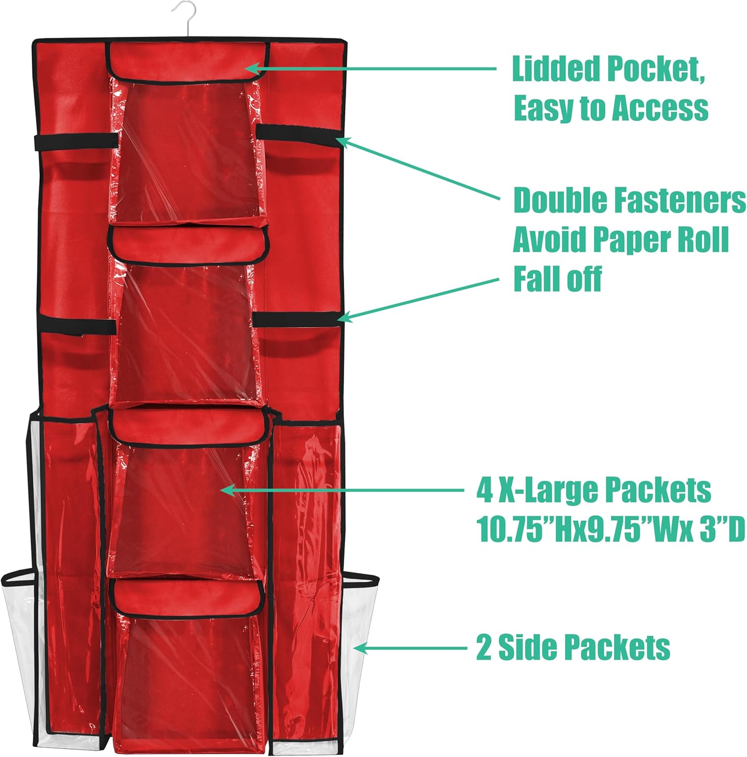 Simple Houseware Gift Wrap Organizer - Double-Sided Storage Pockets in Red | Set of 1