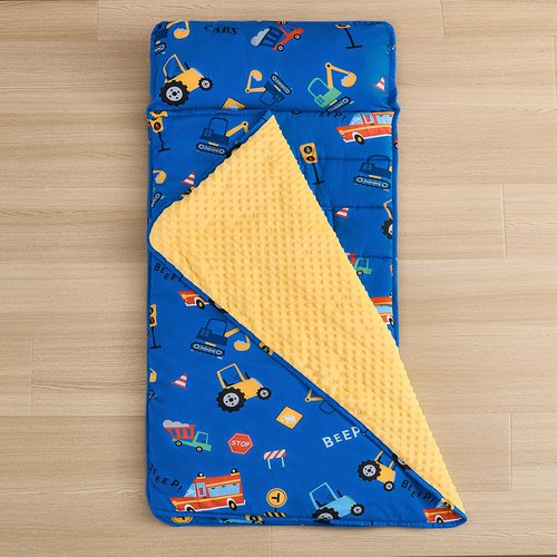 DJY Toddler Nap Mat Blue Car Slumber Bag,Kid Sleeping Mat with Removable Pillow & Minky Blanket,Perfect for Daycare,Preschool,Kindergarten,Travel