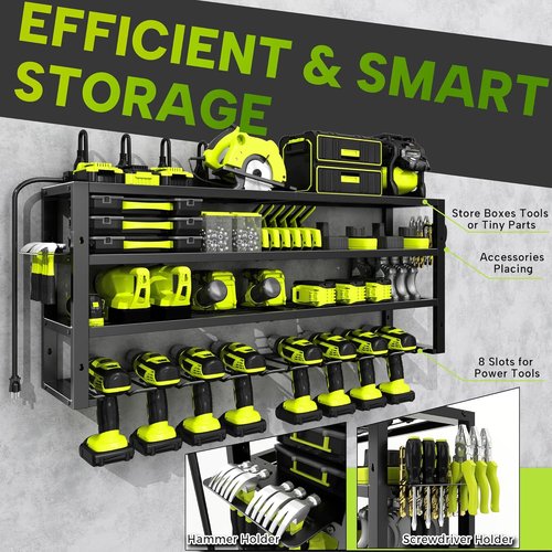Heavy Duty Tool Organizer by [Brand Name] - Wall Mount with Charging Station & 8 Outlet Power Strip | 4 Layers for 8 Drills, Supports 420lbs