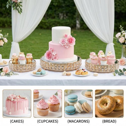 Goaste 3 Pack Crystal Cake Display Stand with Mirror, 14" 12" 10" Metal Pedestal Gold Round Cake Plate Stand, Dessert Cookies Fruit Serving Tray with Shining Crystal Beads for Wedding, Birthday Party