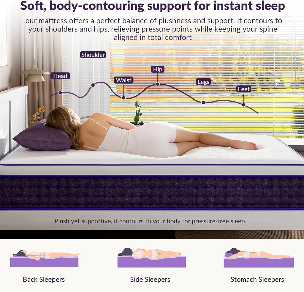 Skiennix 12-Inch Queen Mattress - Plush Hybrid Design with Cooling Gel Memory Foam for Side Sleepers | 365-Night Trial