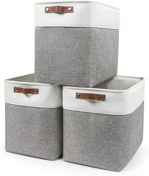 Bagnizer Large Fabric Storage Baskets - 50L Decorative Linen Bins with Handles for Organizing | Grey & White, 17x12x15 Inches