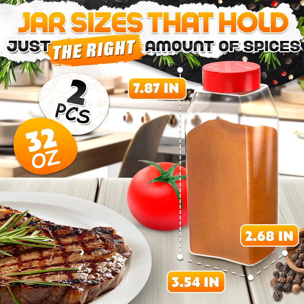 2 Pcs Large Seasoning Shaker – 32oz Storage Seasoning Containers – Large Spice Shakers with Holes and Lids Dual Shake, Clear Jars with Airtight Seal, Unique Shape for Loose Leaf Tea, Rubs, & Herbs