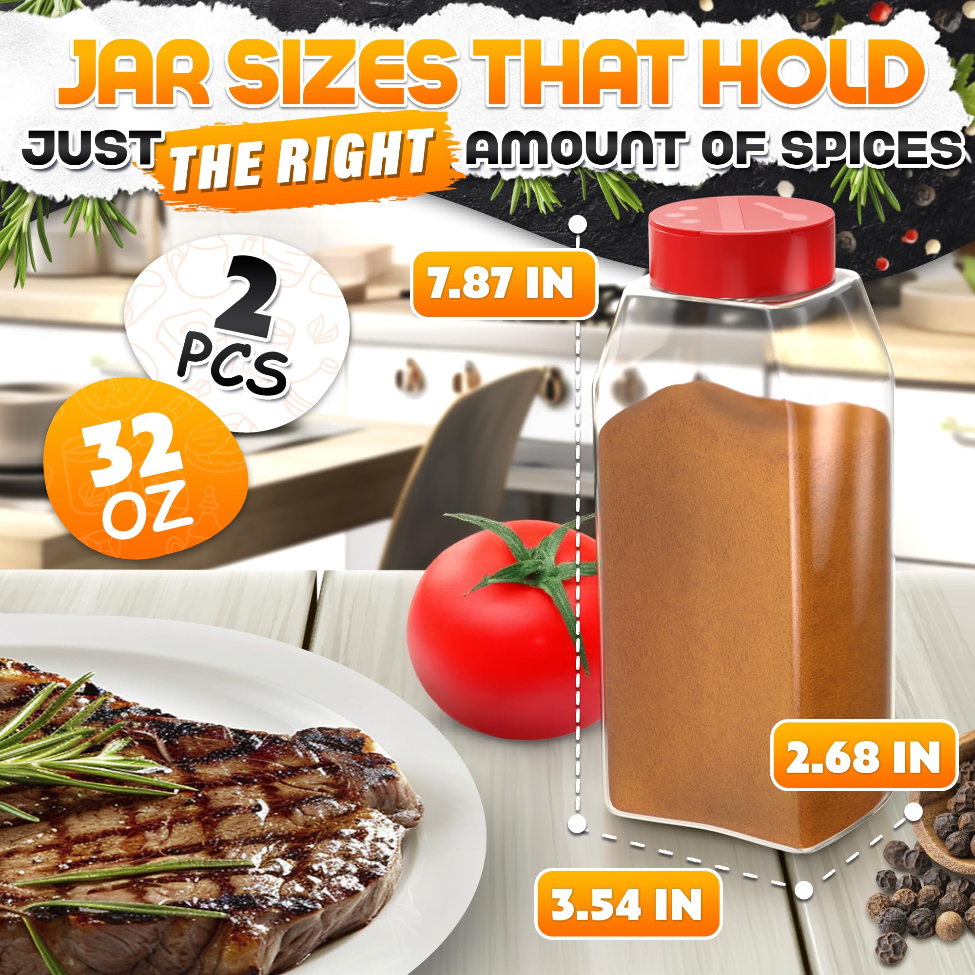 2 Pcs Large Seasoning Shaker – 32oz Storage Seasoning Containers – Large Spice Shakers with Holes and Lids Dual Shake, Clear Jars with Airtight Seal, Unique Shape for Loose Leaf Tea, Rubs, & Herbs