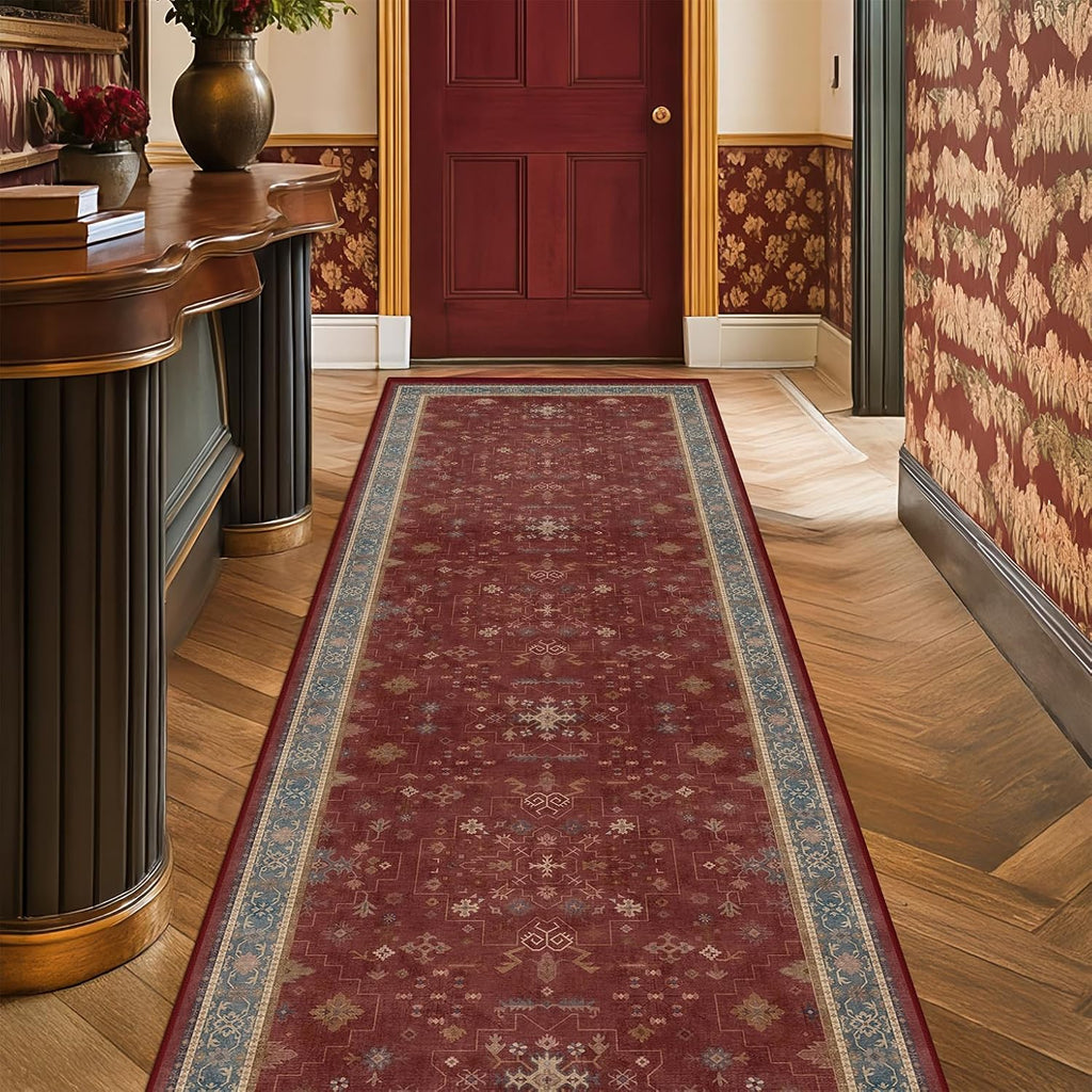 Turkish Kitchen Runner Rugs - Non-Skid, Washable Design for Hallway, Bedroom, Bathroom | Dark Red