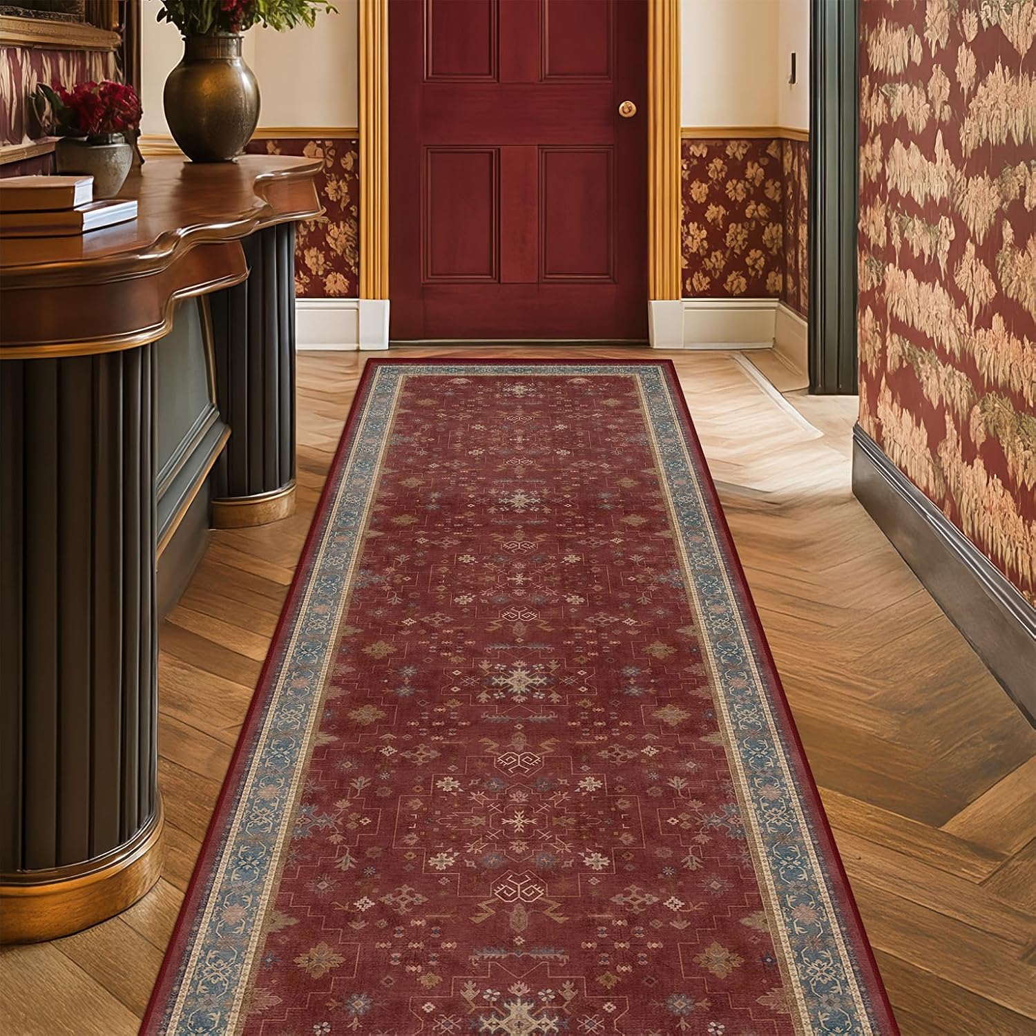 Turkish Kitchen Runner Rugs - Non-Skid Washable Design | Dark Red 2x6 for Hallway & Bathroom