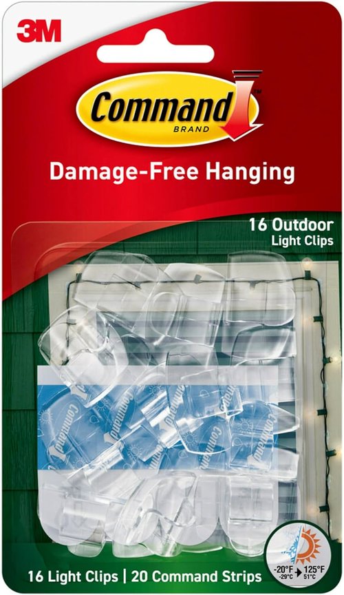 Command Outdoor Light Clips - Water-Resistant Adhesive Clips & Strips | 16 Clips, 20 Strips, Clear