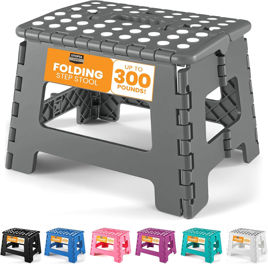 Utopia Home Folding Step Stool - 9-Inch Anti-Slip Collapsible Design - Supports Up to 300 lbs - Grey Plastic for Kitchen & Bathroom Use