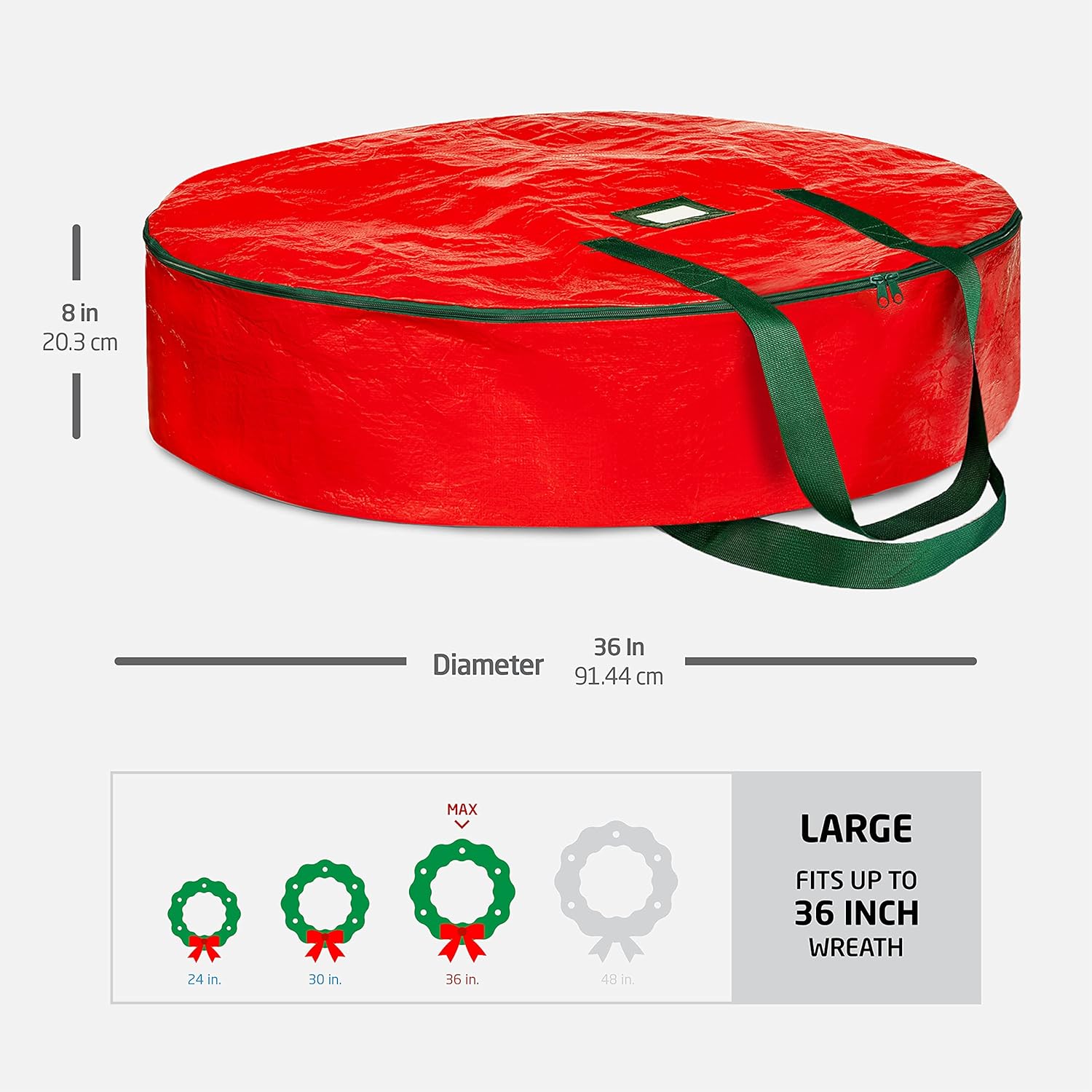 ZOBER Wreath Storage Bag - 36 Inch Christmas Wreath Container with Dual Zippers & Durable Handles - Red